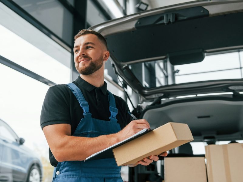 Portrait of delivery man in uniform that is indoors with car and with order Portrait of delivery man in uniform that is indoors with car and with order